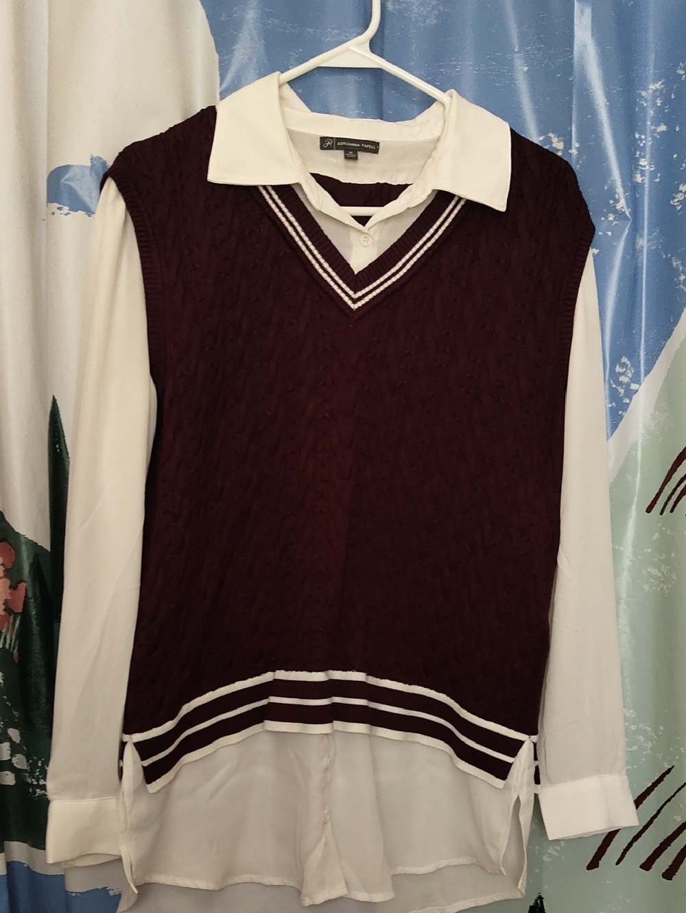 Adrianna Papell Burgundy Cable Knit V-Neck Sweater Vest with White Shirt